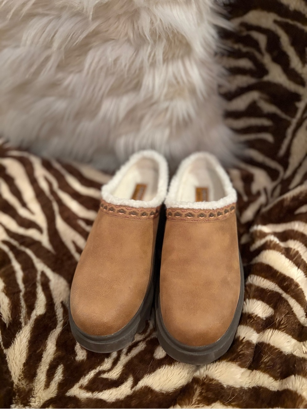 Skechers Women's Slip-On Faux-Suede Clogs in Brown with Cream Lining